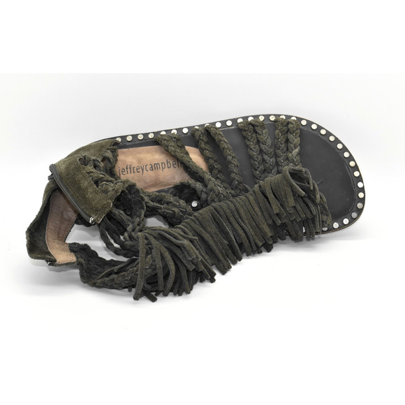 B0 Auth JEFFREY CAMPBELL Olive Green Suede Braided Straps Fringe Sandals Size 6 - Picture 3 of 5